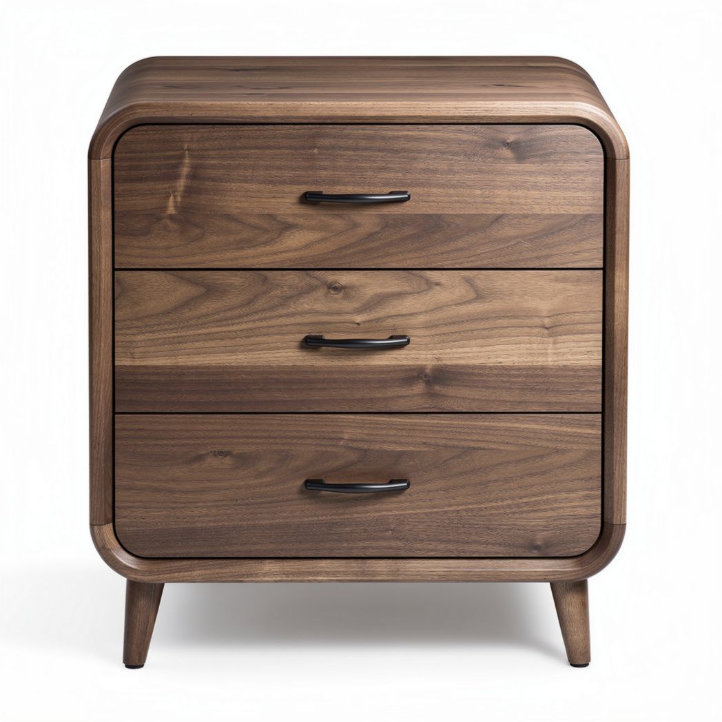 Walnut side table with three drawers for living room storage - 40 x 40 x 50cm